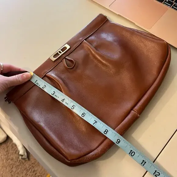 Vintage 90s Tan Genuine Leather Snap Closure Clutch Evening Bag - Picture 9 of 12